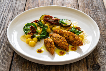 Fried chicken breast fillet with gnocchi and sun dried tomatoes on wooden table