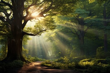 Enchanted forest with sunlight casting magical rays through the trees