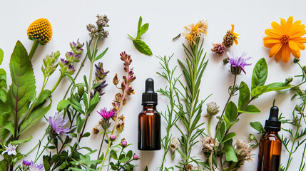 essential oils and herbs on a white background