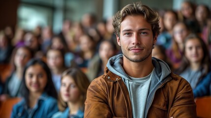 Naklejka premium Man in Brown Jacket Standing in Front of Group of People. Generative AI.