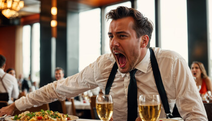 waiter screaming madly in a restaurant - obrazy, fototapety, plakaty