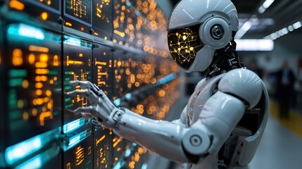 Fototapeta premium Robot Standing in Front of Wall. Generative AI.