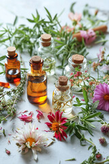 essential oils and herbs on a white background