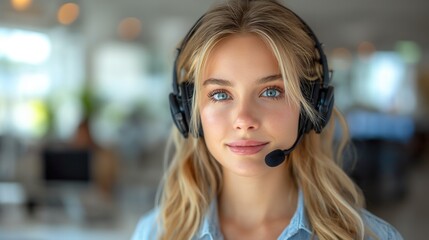 Woman Wearing Headset and Blue Shirt. Generative AI.