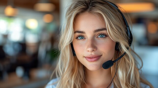 Beautiful Blond Woman Wearing Headset for Communication and Customer Service. Generative AI.