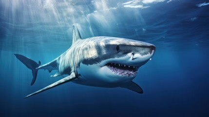 Fototapeta premium Majestic great white shark gliding through the crystal clear ocean waters
