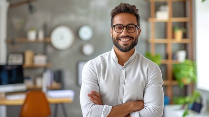 Fototapeta premium Man in White Shirt and Glasses Standing With Crossed Arms. Generative AI.