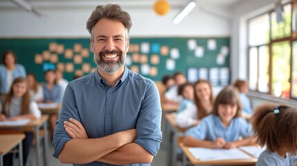 Man Standing in Front of Classroom With Students. Generative AI.