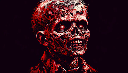 80s horror comics illustration of a baby zombie in a close shot. The baby zombie_s face is grotesquely detailed, with rotting flesh, hollow eyes
