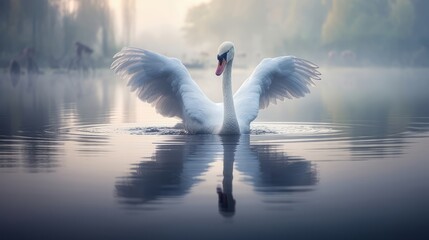 Majestic swan gracefully swimming with its wings spread wide
