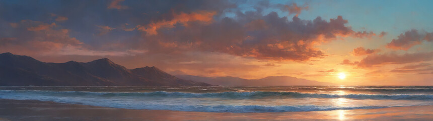 Obraz premium Sunset on beach with dramatic clouds and mountainous backdrop 