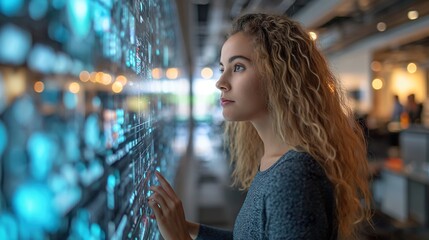 Woman Observing Glass Wall. Generative AI. - obrazy, fototapety, plakaty