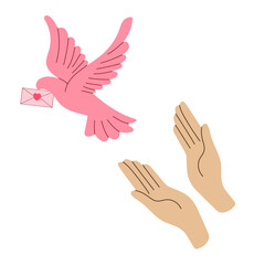 Freedom and good news concept. Human hands releasing a dove with a letter in its beak on a white background, vector illustration