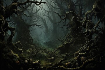 Haunted forest with twisted, thorny vines.