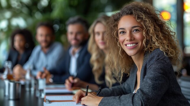 Group of People Sitting at Long Table in Meeting Room. Generative AI.