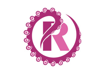 Octopus Logo With R Letter Design Concept Vector Template.