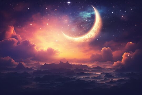 Islamic crescent moon on vibrant sky design