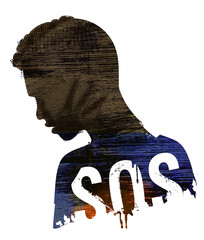 Black man, Victim of violence, racism. 
Illustration of Stylized Young man grunge silhouette with hand print on the face and SOS inscription. 