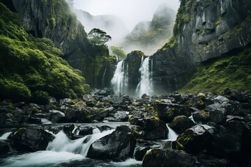 Naklejka na ściany i meble Majestic waterfall framed by lush greenery and rocky terrain
