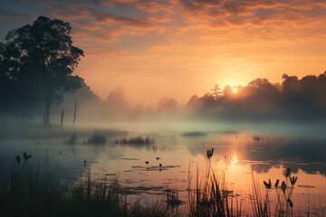 Misty morning over a tranquil lake, creating an enchanting natural scene