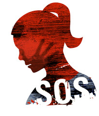 SOS Violence against woman.
 Young Woman head grunge silhouette with hand print on the face and sign SOS. Illustration on the white background.	
