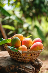 Delicious ripe juicy mangoes in a basket.