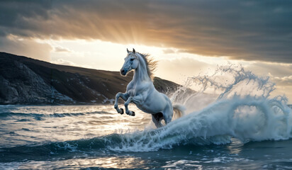 white horse rearing in the splashes of sea waves at sunset - obrazy, fototapety, plakaty
