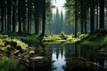 Fototapeta na wymiar Peaceful forest clearing with a calm pond mirroring the surroundings