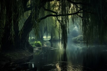 Fototapeta na wymiar Peaceful pond surrounded by weeping willow trees