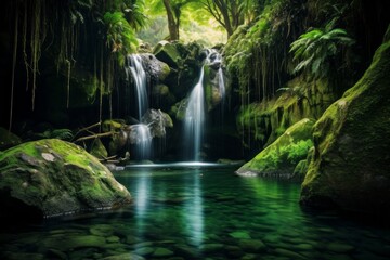 Pristine waterfall cascading into a hidden emerald pool