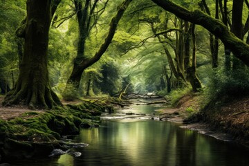 Quiet forest stream winding through a dense canopy of trees