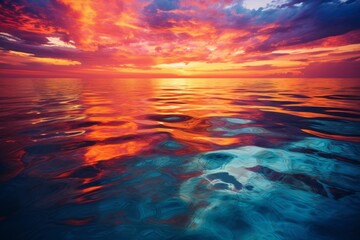 Reflective water surface capturing the beauty of a vibrant sunset