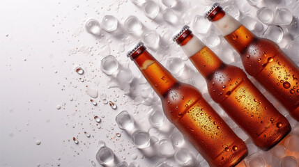Group of ales amber Beer Bottles with ice cube on white Table - obrazy, fototapety, plakaty