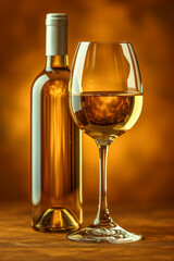 Glass of Wine Next to Bottle of Wine on Table on golden background