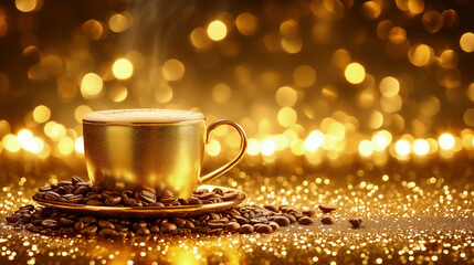 golden Cup of Coffee Atop Coffee Bean Pile - obrazy, fototapety, plakaty