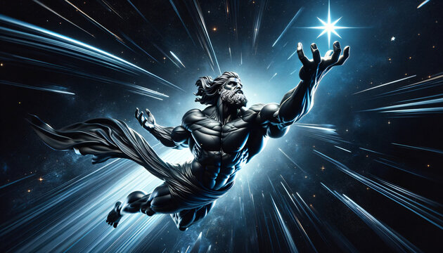 A 3D render of Zeus as a bodybuilder in a dynamic pose, reaching for a star, centered and isolated on a black background with blue and black tones