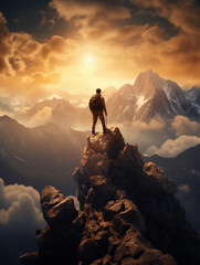 Fototapeta premium one person climbing a mountain in the peak at sunset enjoying the views 