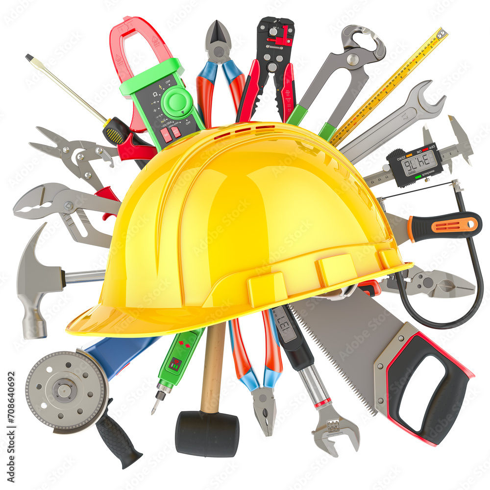 Poster set of construction tools with orange hard hat. assortment of work tools, 3d rendering isolated on t