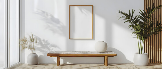 Wooden bench against white wall with poster frame. Ethnic farmhouse interior design of modern entrance hall,in the style of monochromatic whithe figures,fragmented architectur,coastal and harbor views - obrazy, fototapety, plakaty