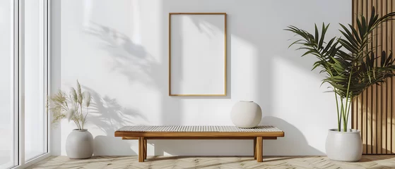 Fotobehang Boho Wooden bench against white wall with poster frame. Ethnic farmhouse interior design of modern entrance hall,in the style of monochromatic whithe figures,fragmented architectur,coastal and harbor views