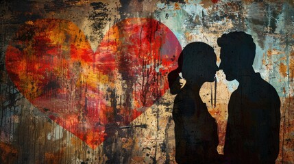 Obraz premium Silhouette of a loving couple against the background of the old wall