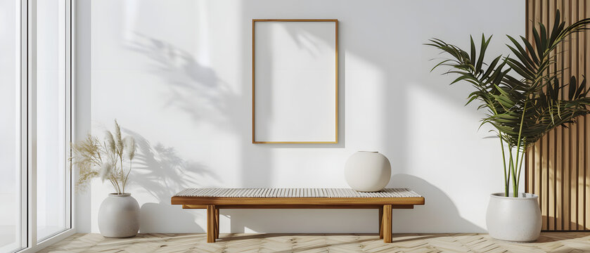 Wooden bench against white wall with poster frame. Ethnic farmhouse interior design of modern entrance hall,in the style of monochromatic whithe figures,fragmented architectur,coastal and harbor views