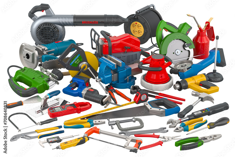 Poster set of construction tools, 3d rendering isolated on transparent background
