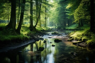 Tranquil forest glade with a gentle stream and colorful reflections