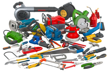 Set of construction tools, 3D rendering isolated on transparent background