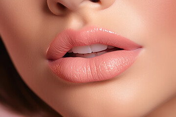 Close-up of beautiful female lips. Nude lipstick, gloss,open mouth. Makeup. Beautiful model skin. Sexy plump lips. - obrazy, fototapety, plakaty