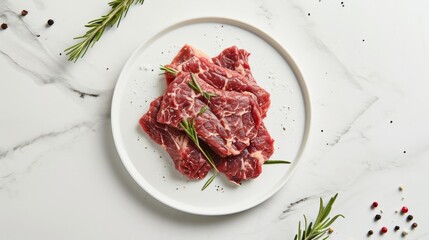 Fototapeta premium Fresh raw beef steaks garnished with rosemary on a white plate, elegant marble background.
