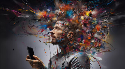 Overwhelming information data explode out of head of young human brain, too much media, too much information, maximalism, news, social media addiction