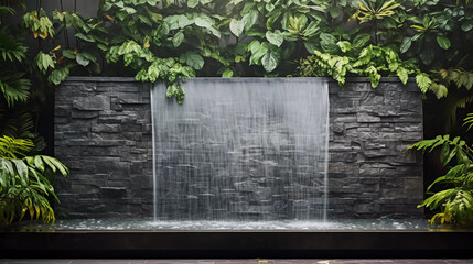 outdoor home modern water feature fountain waterfall as wide banner with copy space area for garden...