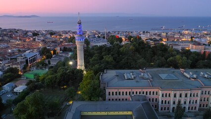 Beyazit Tower an iconic stone, watch tower at Istanbul University has a lighting system to indicate...